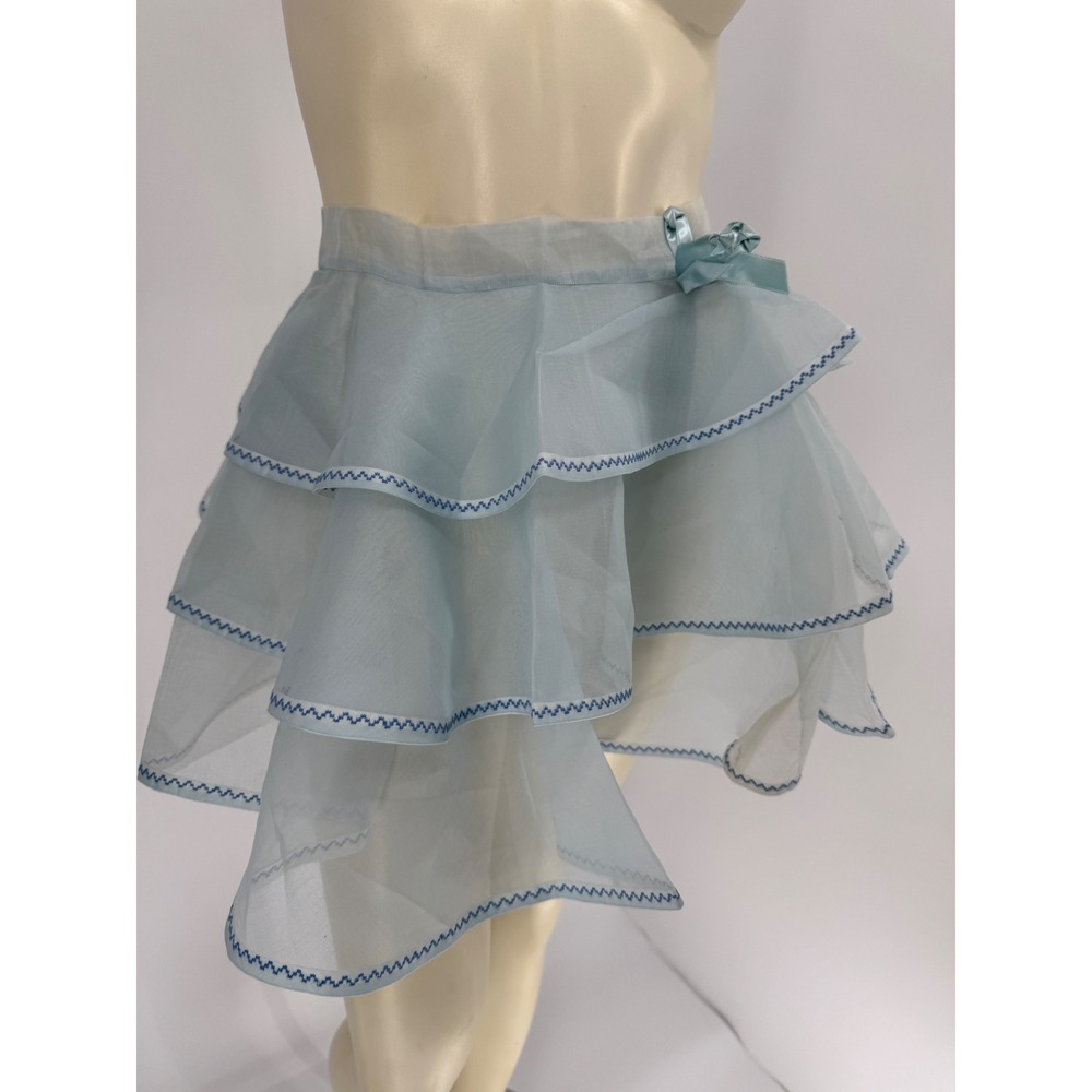 Vintage 1950s Sheer Blue Organza Tiered Ruffle Apron Overskirt Silk Bow Accent